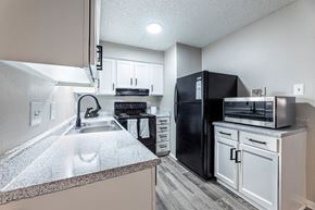 Fort Worth apartment for rent - A kitchen with a black refrigerator and white cabinets.