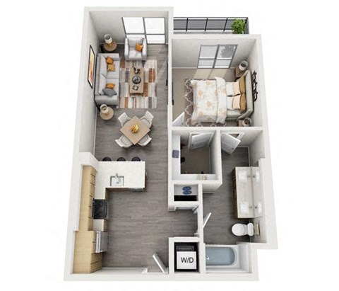 Floor plan for 1 bed, 1 bath, 734 sqft
