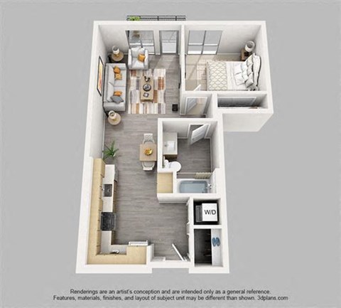 Floor plan for 1 bed, 1 bath, 632 sqft