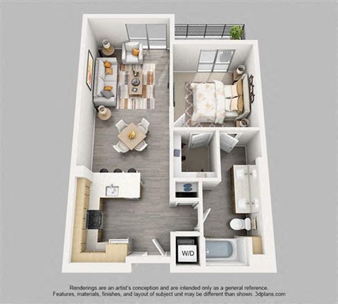 Floor plan for 1 bed, 1 bath, 767 sqft