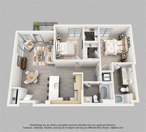 Floor plan for 2 beds, 2 baths, 1125 sqft