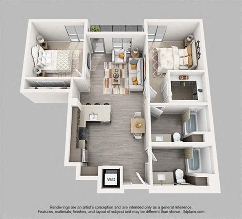 Floor plan for 2 beds, 2 baths, 1011 sqft