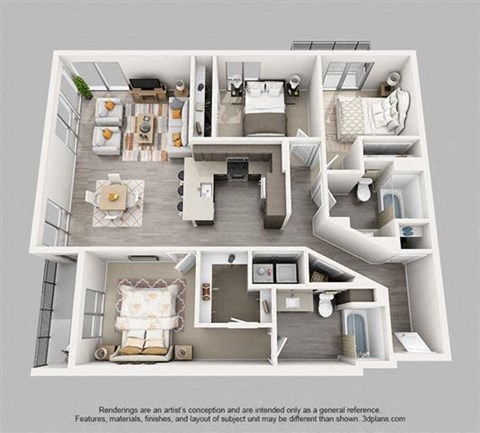 Floor plan for 3 beds, 2 baths, 1351 sqft
