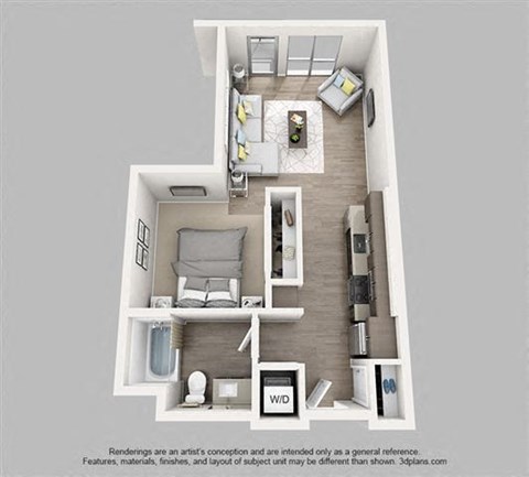 Floor plan for studio, 1 bath, 632 sqft