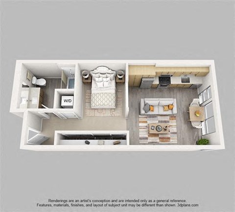 Floor plan for studio, 1 bath, 579 sqft