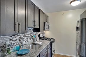 Cherry Hill apartment for rent - A modern kitchen with dark wood cabinets and stainless steel appliances.