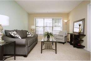 Stone Mountain apartment for rent - A living room with a grey couch, a coffee table, and a chair.