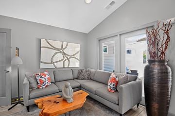 North Chesterfield apartment for rent - A grey couch with a red and white pillow sits in a living room.