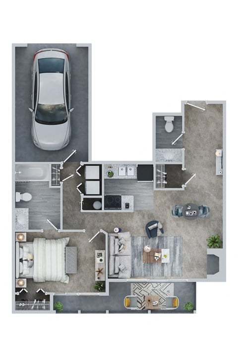 Floor plan for 1 bed, 1.5 baths, 770 sqft