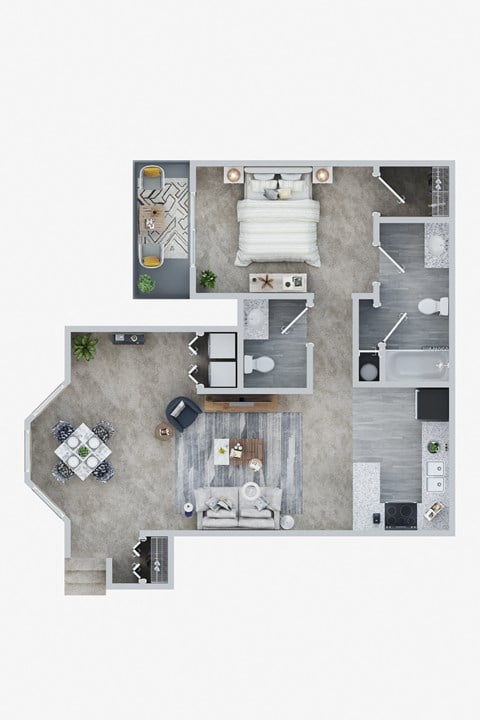 Floor plan for 1 bed, 1.5 baths, 870 sqft