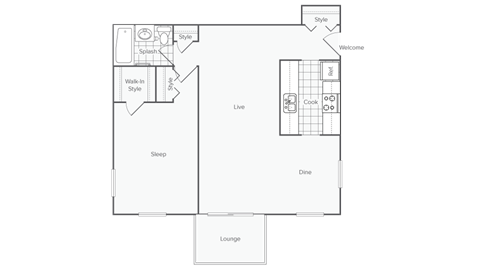 Floor plan for 1 bed, 1 bath, 850 sqft