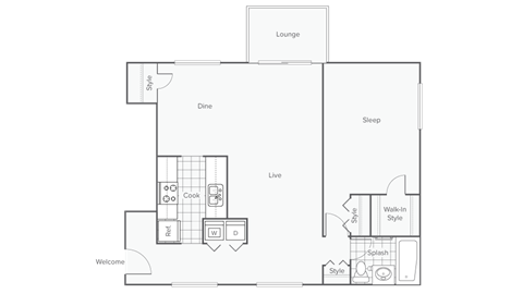 Floor plan for 1 bed, 1 bath, 850 sqft