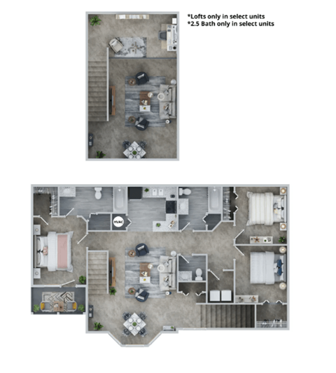 Floor plan for 3 beds, 2.5 baths, 1500 sqft