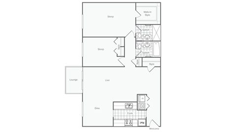 Floor plan for 2 beds, 2 baths, 1122 sqft