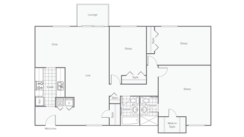 Floor plan for 3 beds, 2 baths, 1272 sqft