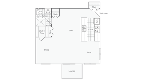 Floor plan for studio, 1 bath, 500 sqft