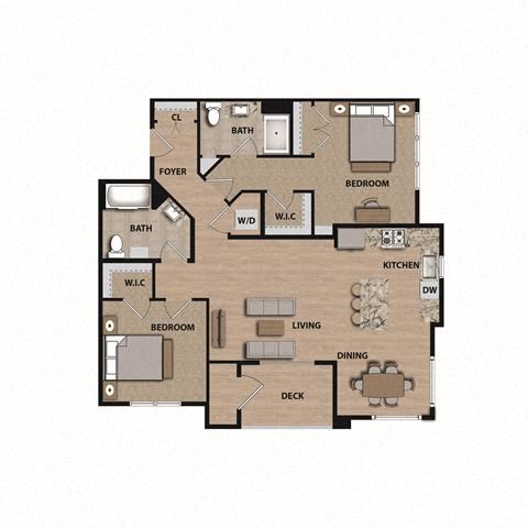 Floor plan for 2 beds, 2 baths, 1063 sqft