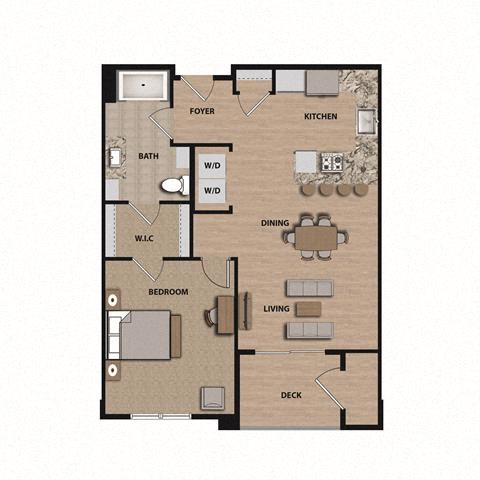 Floor plan for 1 bed, 1 bath, 733 sqft