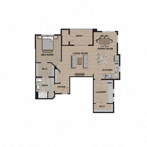Floor plan for 1 bed, 1 bath, 857 sqft