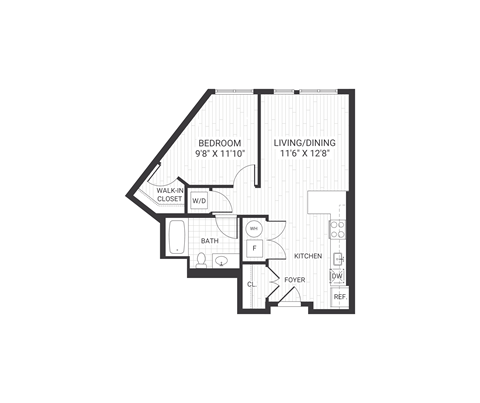 Floor plan for 1 bed, 1 bath, 902 sqft