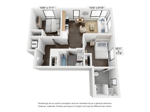 Floor plan for 2 beds, 2 baths, 681 sqft