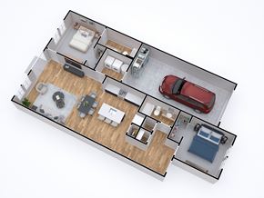 Holly apartment for rent - A top-down view of a house layout with two bedrooms, a living room, a kitchen, a dining area, and a garage.