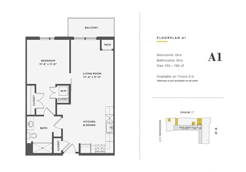 Floor plan for 1 bed, 1 bath, 705 sqft