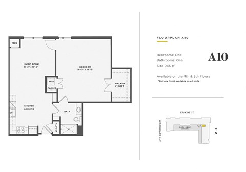 Floor plan for 1 bed, 1 bath, 945 sqft