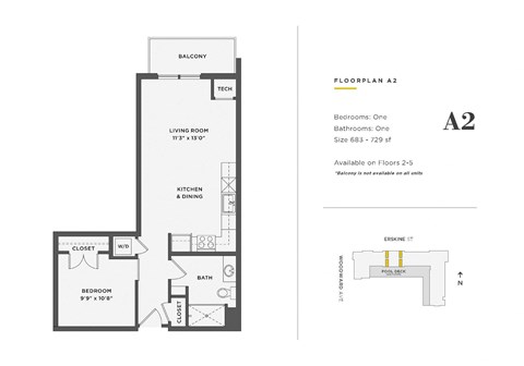 Floor plan for 1 bed, 1 bath, 683 sqft