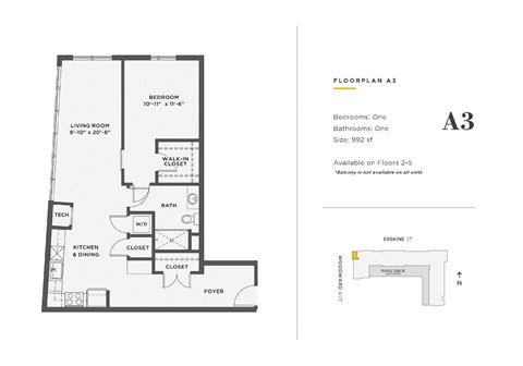 Floor plan for 1 bed, 1 bath, 992 sqft
