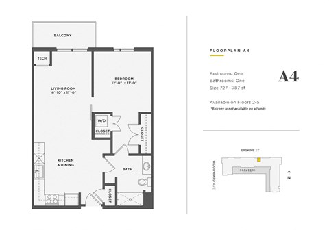 Floor plan for 1 bed, 1 bath, 727 sqft