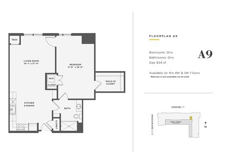 Floor plan for 1 bed, 1 bath, 834 sqft