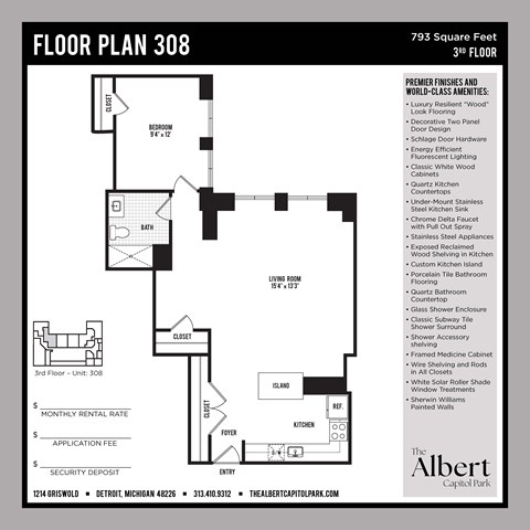 Floor plan for 1 bed, 1 bath, 793 sqft