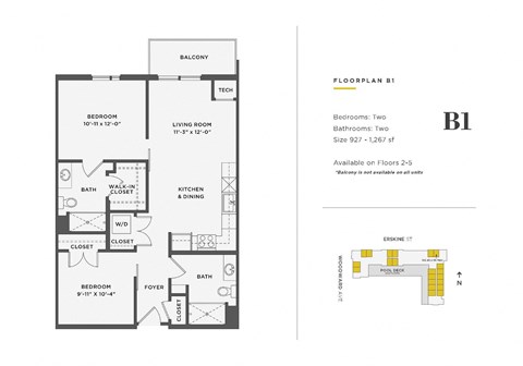 Floor plan for 1 bed, 2 baths, 927 sqft
