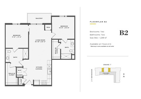 Floor plan for 2 beds, 2 baths, 955 sqft