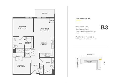 Floor plan for 1 bed, 2 baths, 946 sqft