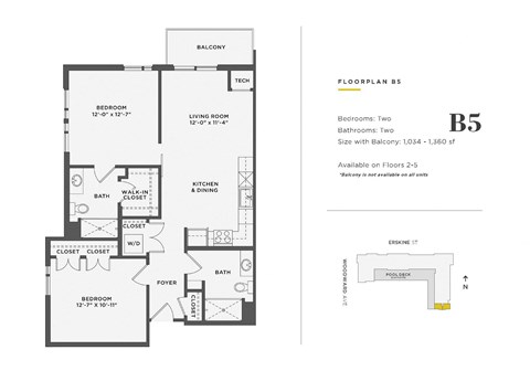 Floor plan for 2 beds, 2 baths, 1034 sqft
