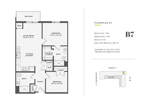 Floor plan for 2 beds, 2 baths, 927 sqft