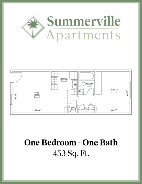 Floor plan for 1 bed, 1 bath, 453 sqft