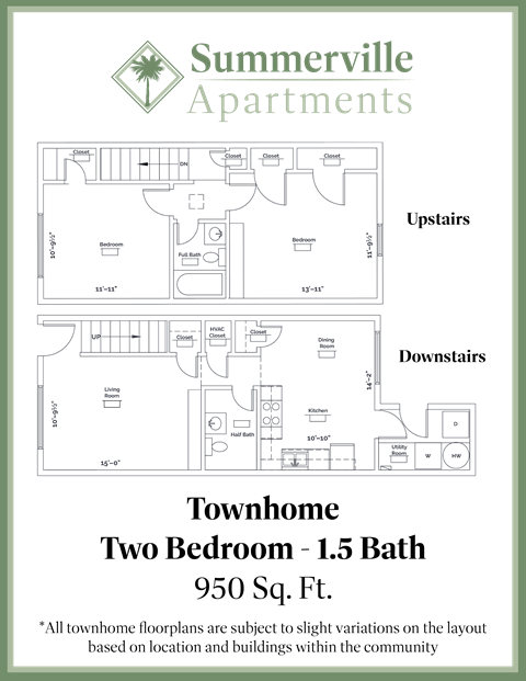 Floor plan for 2 beds, 1.5 baths, 950 sqft