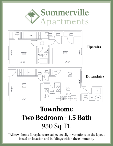 Floor plan for 2 beds, 1.5 baths, 950 sqft