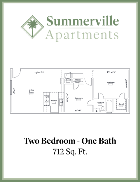 Floor plan for 2 beds, 1 bath, 712 sqft