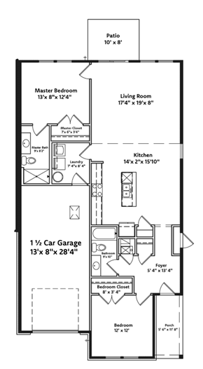 Holly apartment for rent - A floor plan of a house with a master bedroom, living room, kitchen, and two bathrooms.