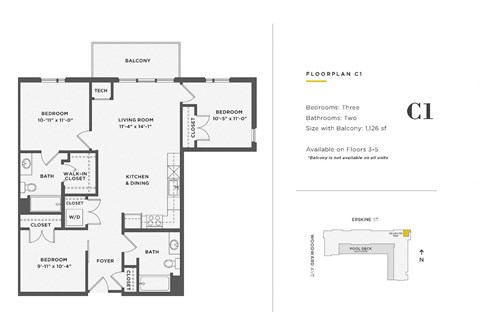 Floor plan for 3 beds, 2 baths, 1126 sqft