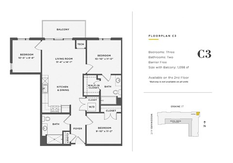 Floor plan for 3 beds, 2 baths, 1098 sqft