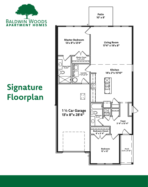 Floor plan for 2 beds, 2 baths, 1323 sqft