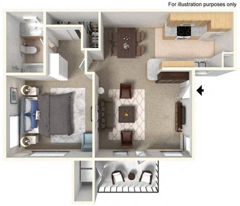 Floor plan for 1 bed, 1 bath, 650 sqft