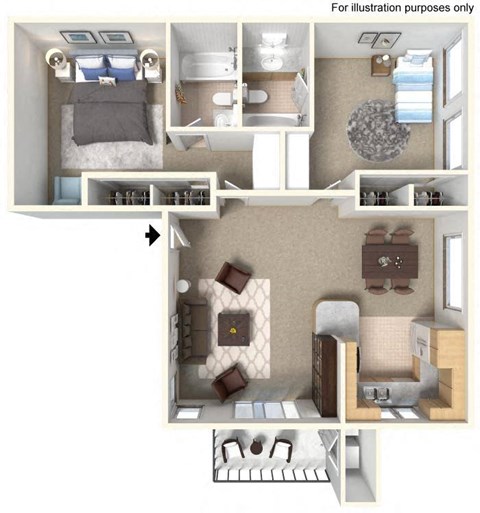 Floor plan for 2 beds, 2 baths, 950 sqft