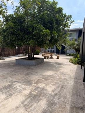 San Diego apartment for rent - A concrete patio with a tree and a fire pit.