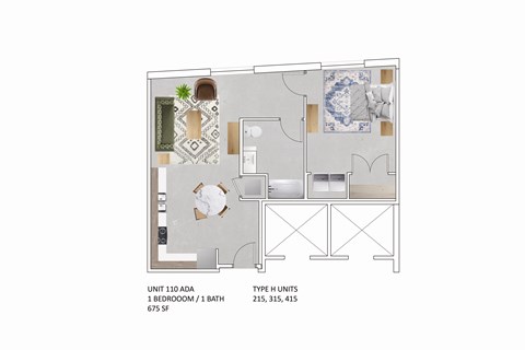 Floor plan for 1 bed, 1 bath, 775 sqft